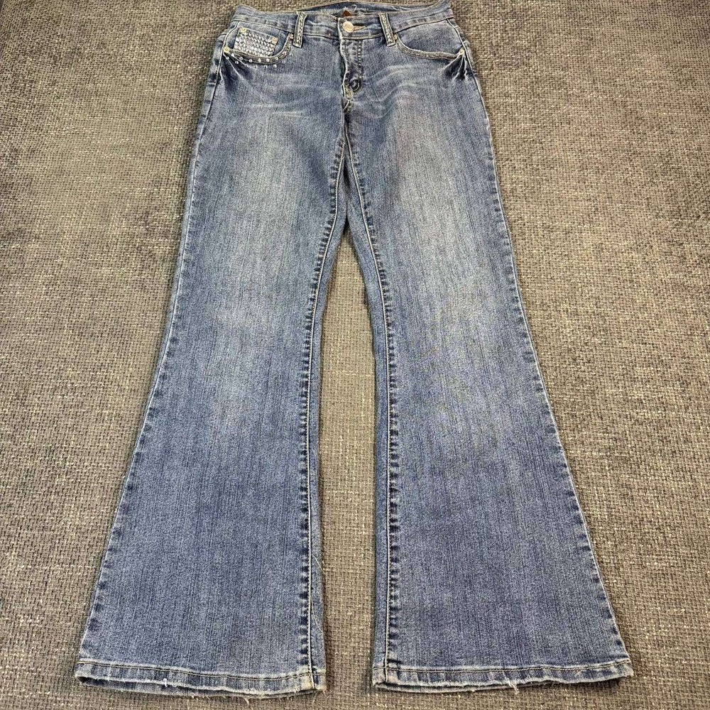 Vanilla Star Flare Jeans Womens 7 Blue Rhinestone Low Rise Y2K Denim